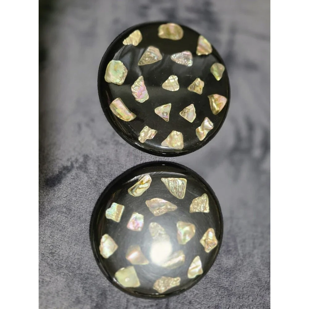 (2) VINTAGE Black Iridescent ABALONE Shell Lucite TRIVET Hot Plate Footed 5
